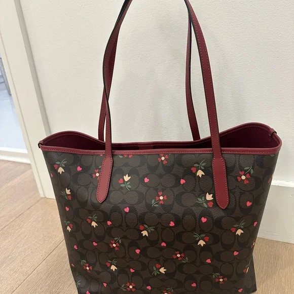 Coach Floral Tote in Brown and Red - Picture 2 of 4